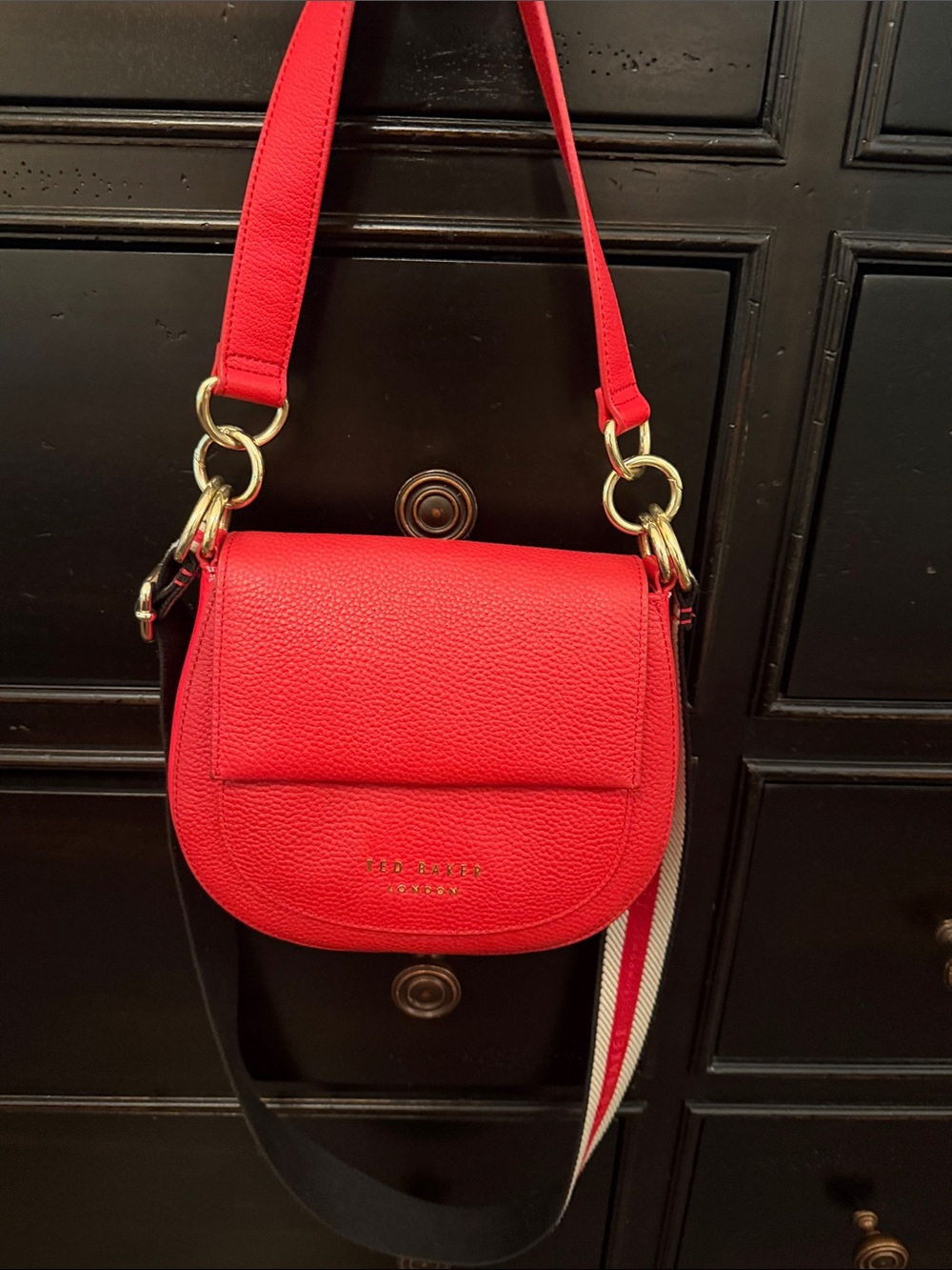 Ted Baker Bright Red Pebbled Leather Crossbody with Striped Strap